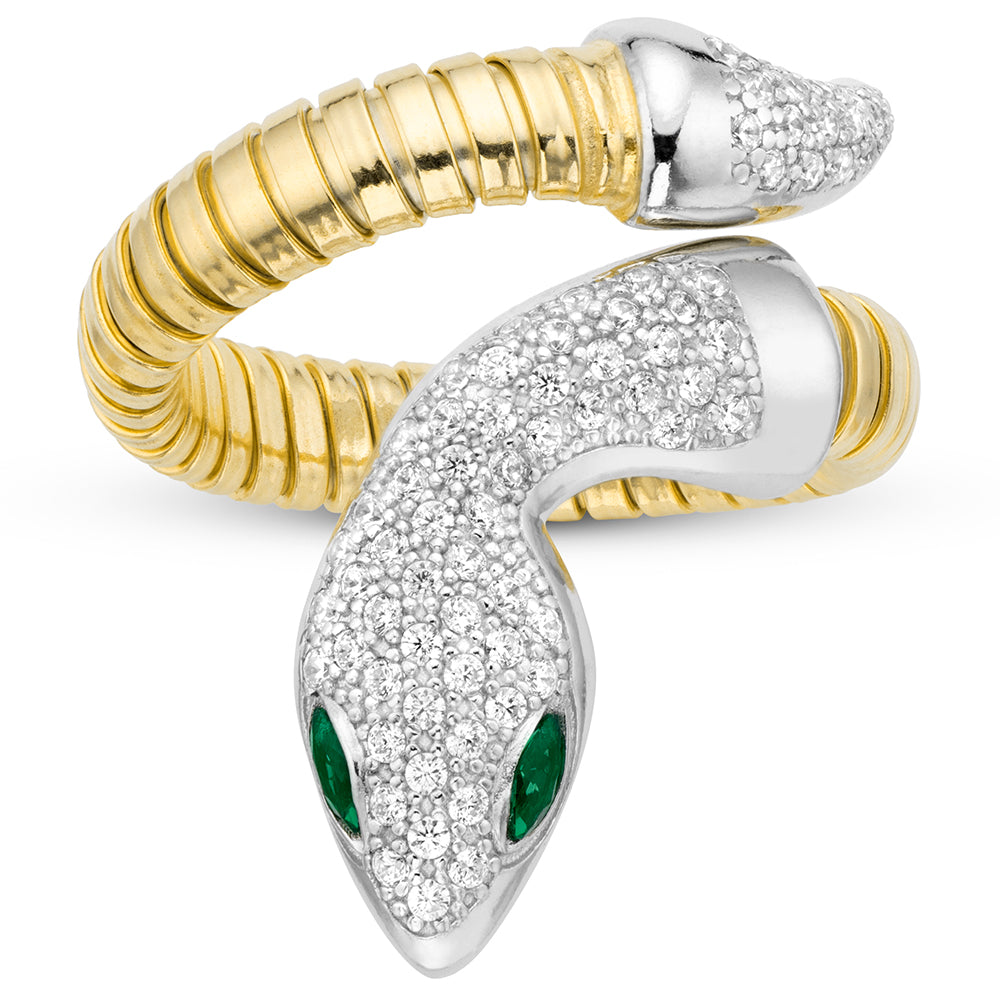 Serpentine Single Wrap Ring in Yellow & White with Green Eyes