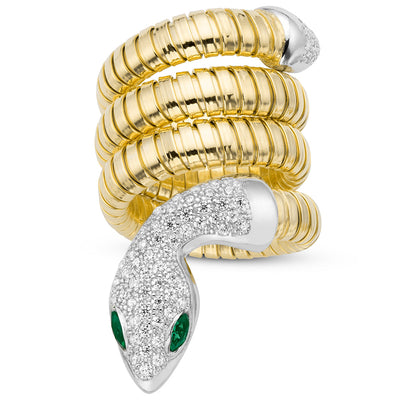 Serpentine Double Wrap Ring with Green Eyes in Yellow & White