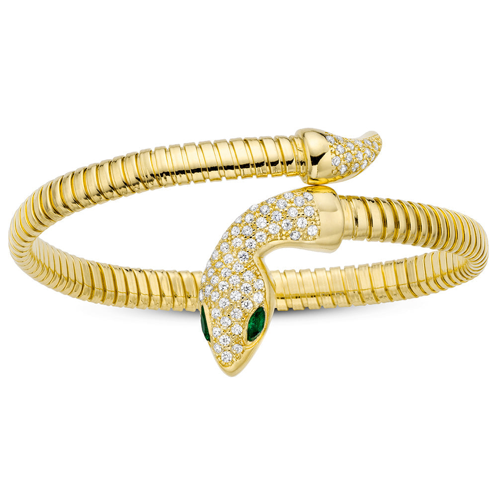 Serpentine Single Wrap Bangle in Yellow with Green Eyes