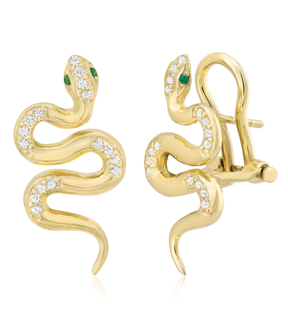 Serpentine Simple Earrings in Yellow with Green Eyes