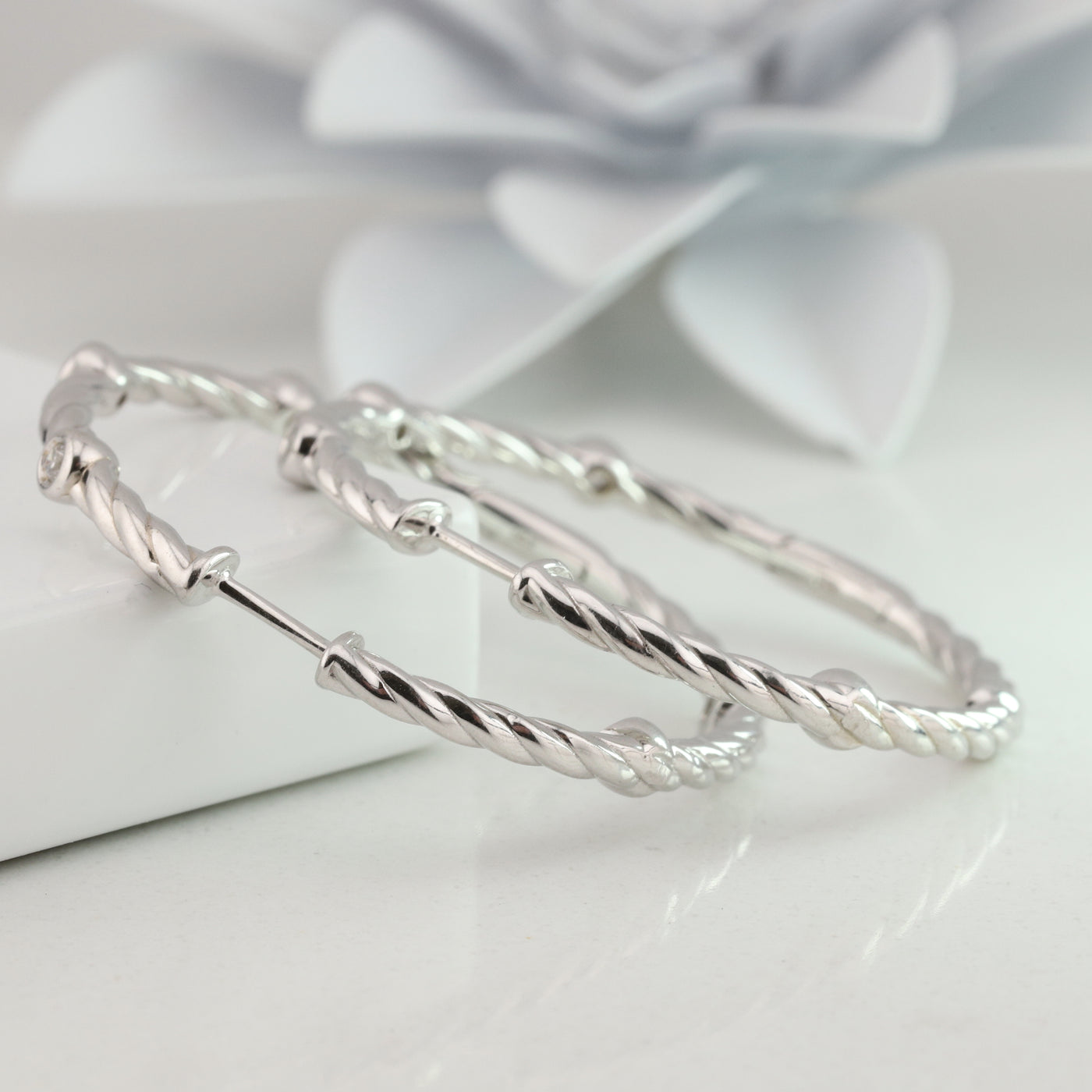 Twisted White Gold Hoop Earrings