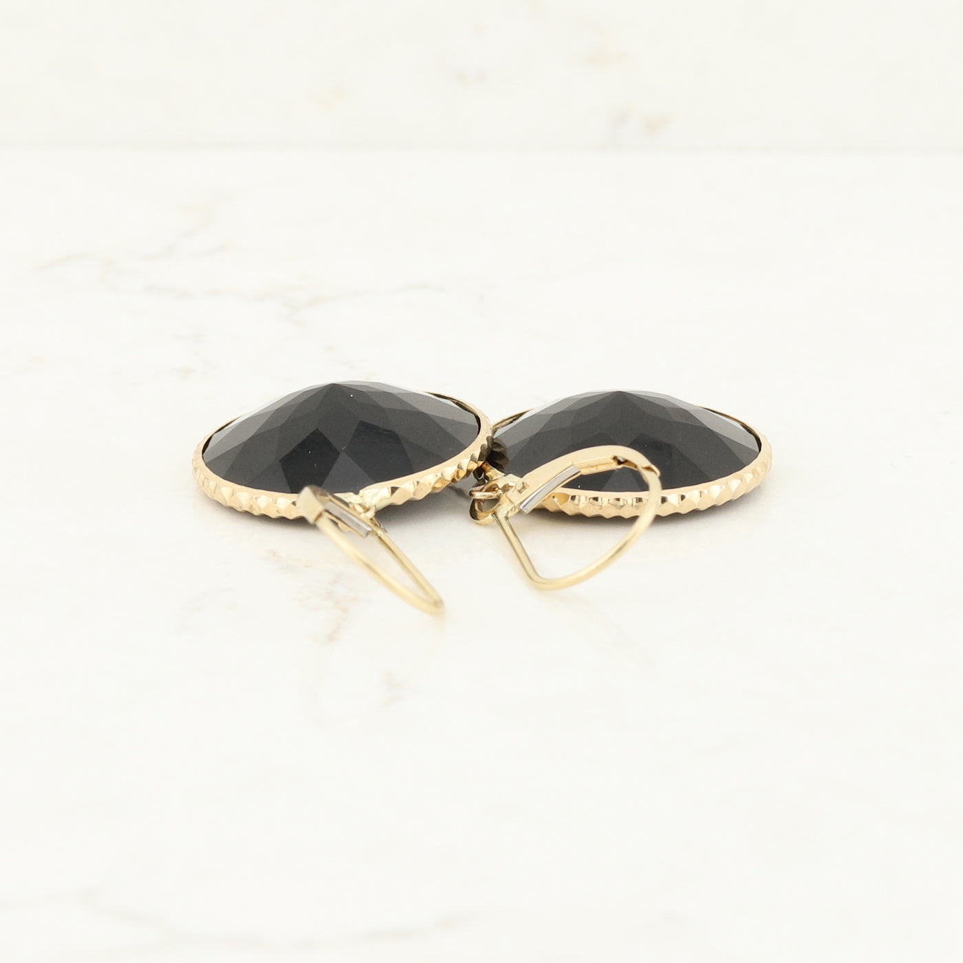 Yellow Gold Black Circle Drop Earrings