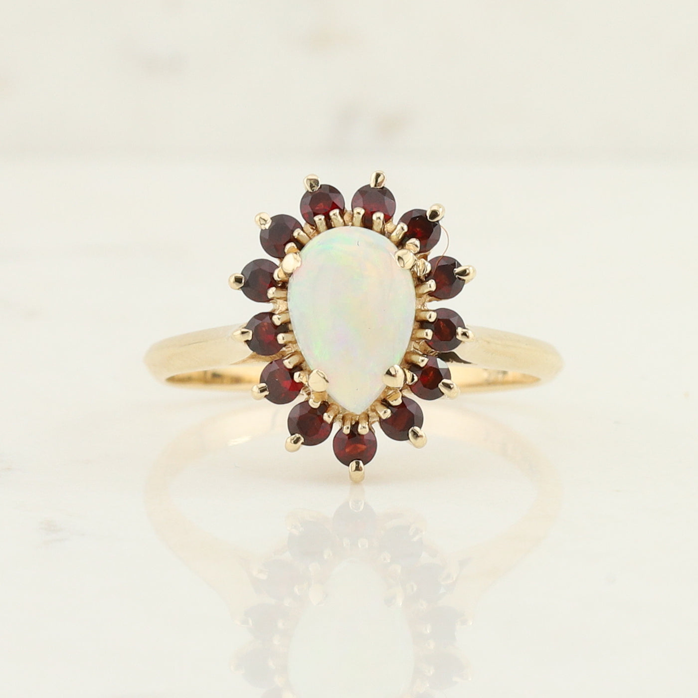 Yellow Gold Opal and Garnet Ring