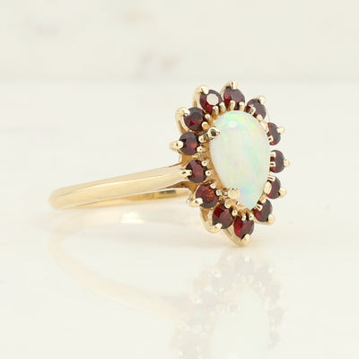 Yellow Gold Opal and Garnet Ring